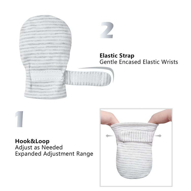 Reyow Newborn Baby No Scratch Mittens Stay On, 100% Cotton Breathable, Adjustable Infant Gloves for Baby Boys Girls Mittens (Gray Stripe, 3-12 Months) - Image 5